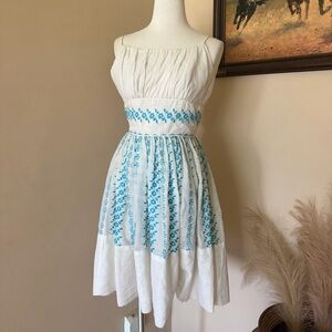 Vintage White Mini Dress with Teal Embroidery